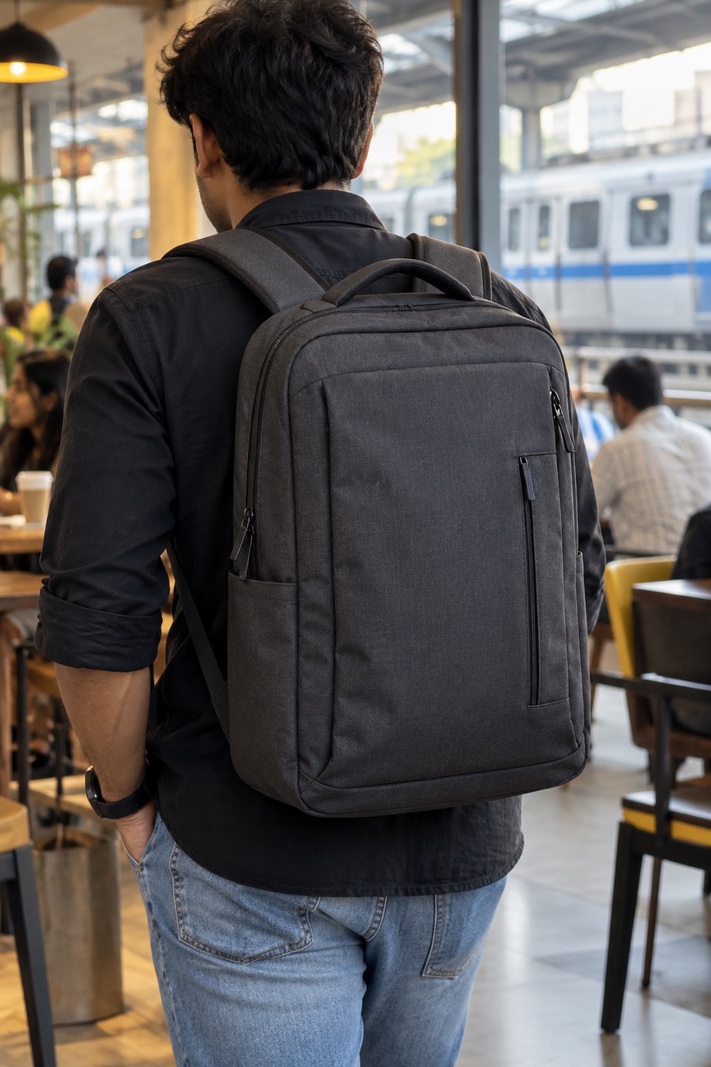 A charcoal backpack on a weekday commute.
