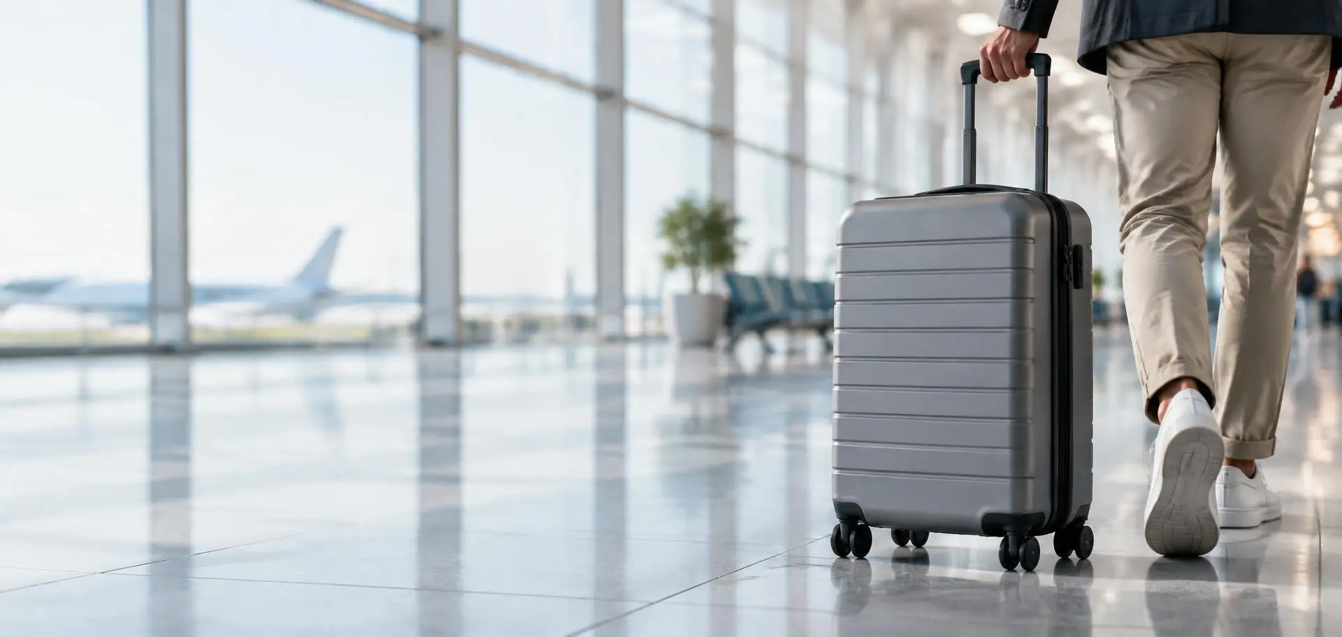 A traveller setting out with a carry-on bag
